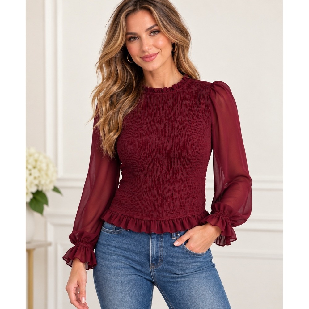 TCEC Smocked Blouse Women L Burgundy Sheer Balloon Sleeve Ruffle Crop Boho Top